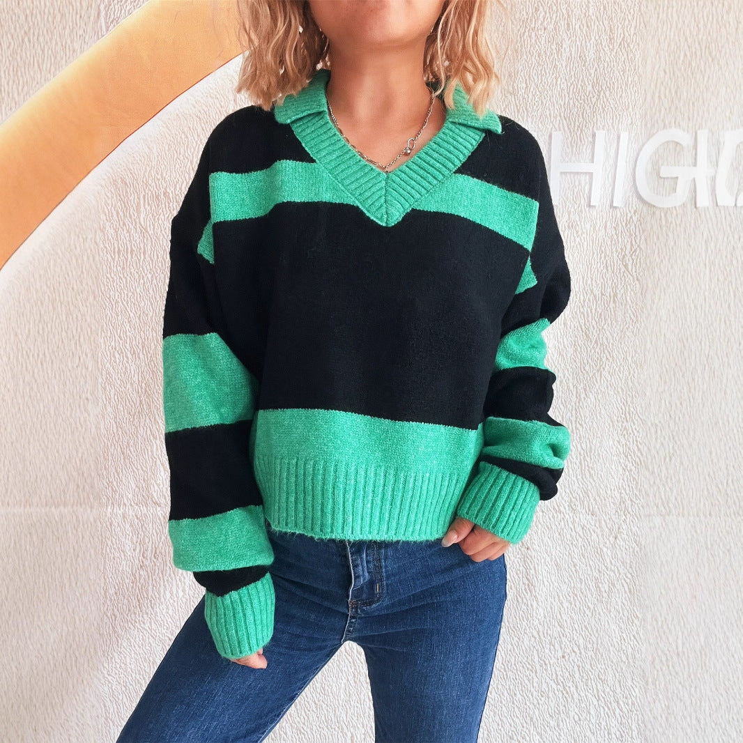 Contrast Color Striped Knitted Lapel Commuter Long Sleeve Sweater