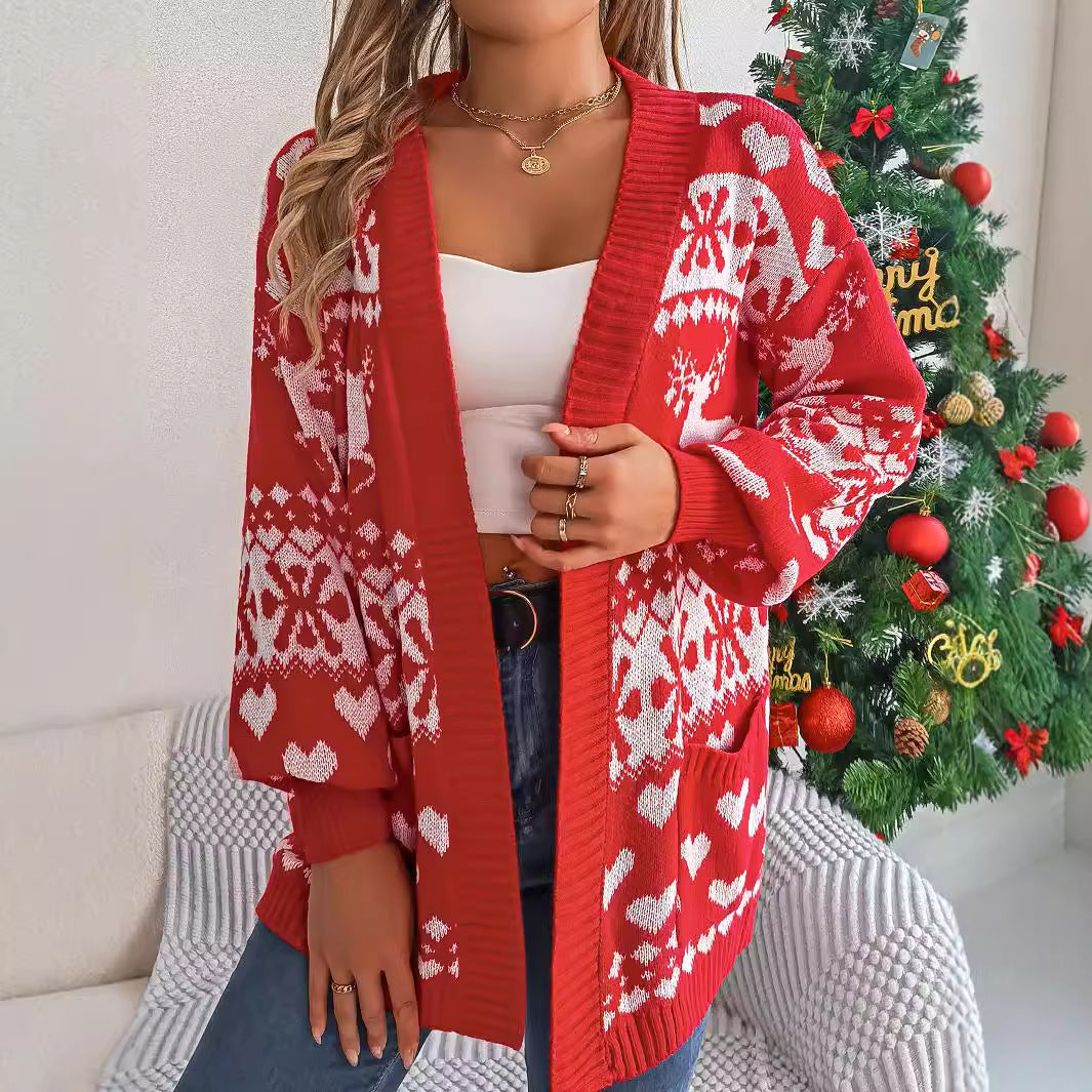 Christmas Clothes Open Front Cardigan Knitwear Lantern Sleeve Xmas Printed Oversized Deer Sweater Pockets Knitted