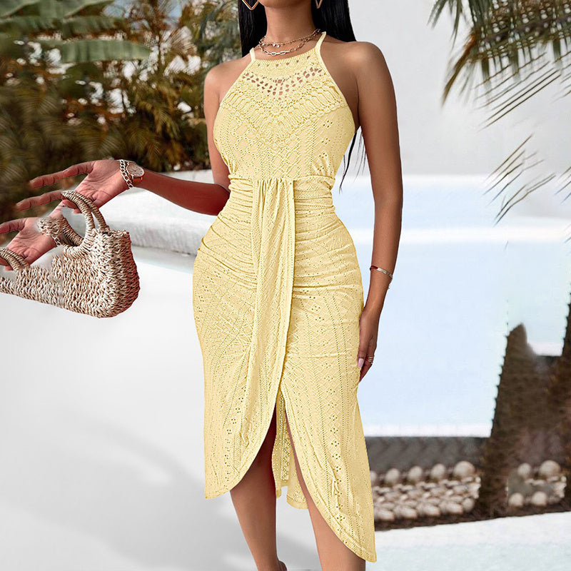 Halter Neck Ruched Bodycon Midi Dresses Elegant Sleeveless Cocktail Party Dress