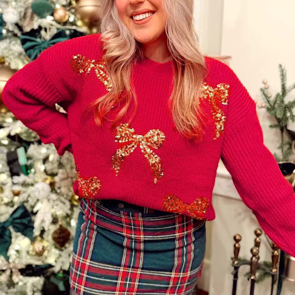 Christmas Decorative Sequins Round Neck Sweater