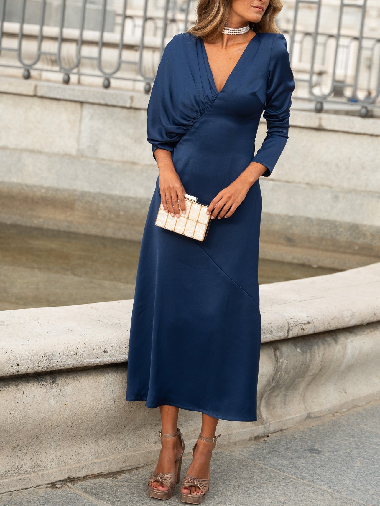 Asymmetrical Sleeve Satin Dress â€?Elegant Navy Evening Look