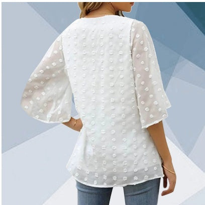 V-neck Three-quarter Sleeves Dotted Chiffon Shirt Blouse Women