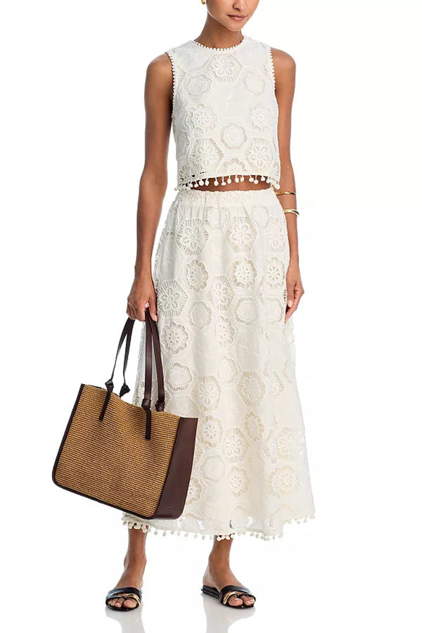 Literary Trends White Sleeveless Short Top Skirt Suit