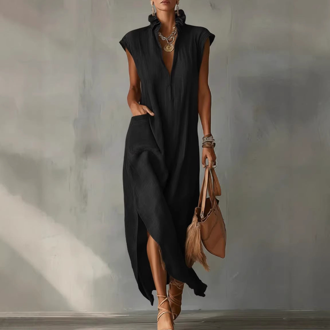 Cotton-Linen Sleeveless Solid-Color Dress
