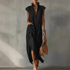 Cotton-Linen Sleeveless Solid-Color Dress