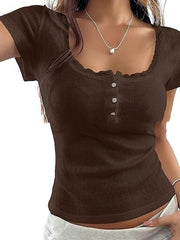 Lace-trimmed Button V-Neck Short-Sleeve Slim-fit Long-Sleeve Top