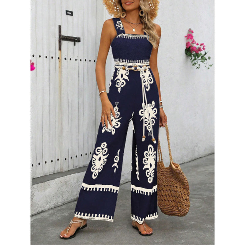 Boho Jumpsuits One Piece Beach Vacation Outfits Shirred Strap Wide Leg Pants Rompers With Pockets
