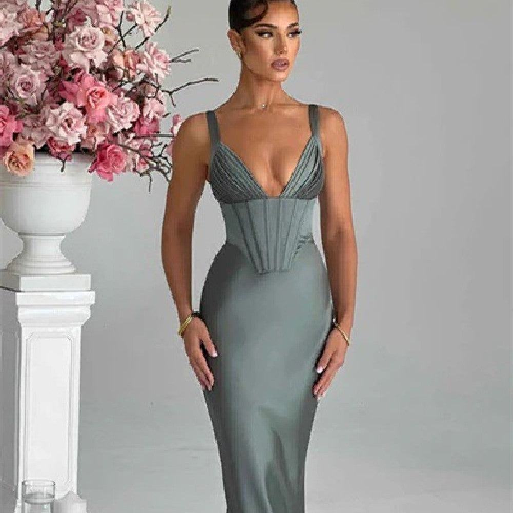 Elegant Deep V-Neck Satin Sleeveless Evening Dress