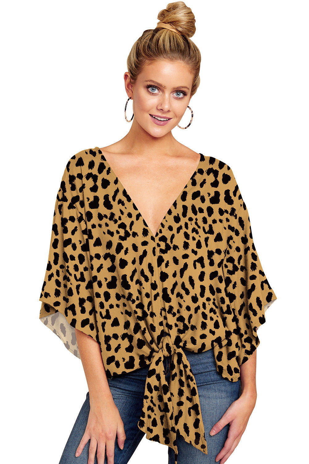 V Neck Blouse Leopard Print Shirts Floral Tie Front Blouses Batwing Oversize Ladies Tops