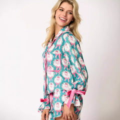 2 Pcs Christmas Pajama Set Santa Tree Print Lapel Neck Button-up Long Sleeve Tops Shorts Loungewear Outfit