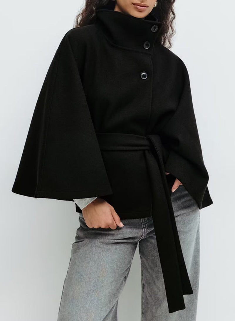 High Neck Batwing Sleeve Coat With Belt Loose Elegant Button Top Trench Coat For Clothing