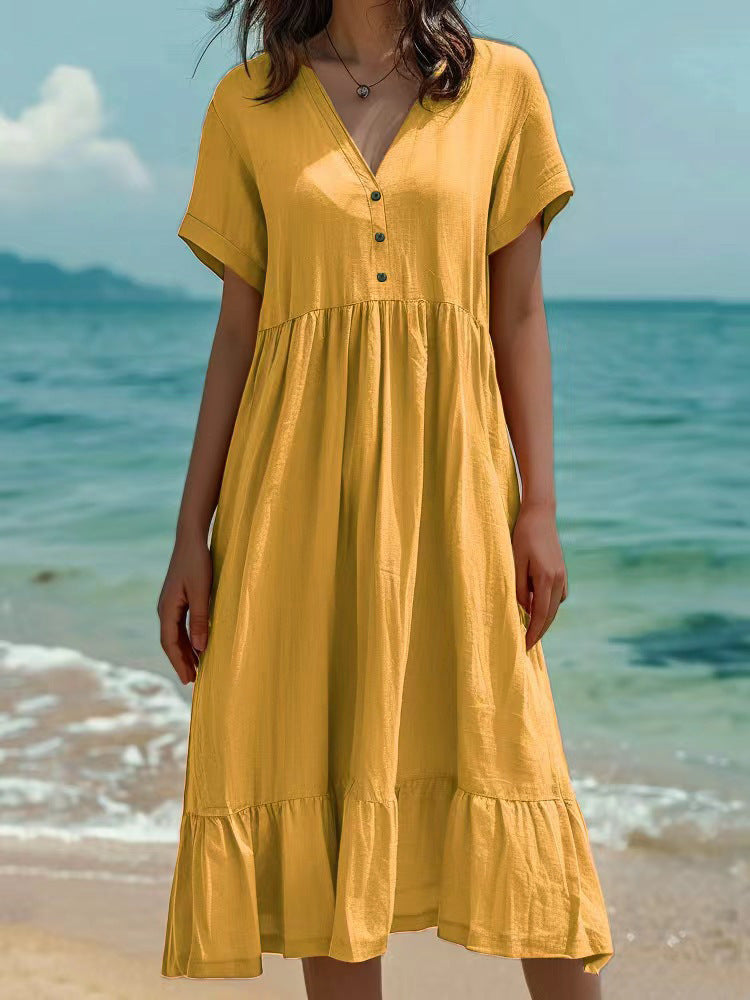 Solid-color Short-sleeve Pleated Dress