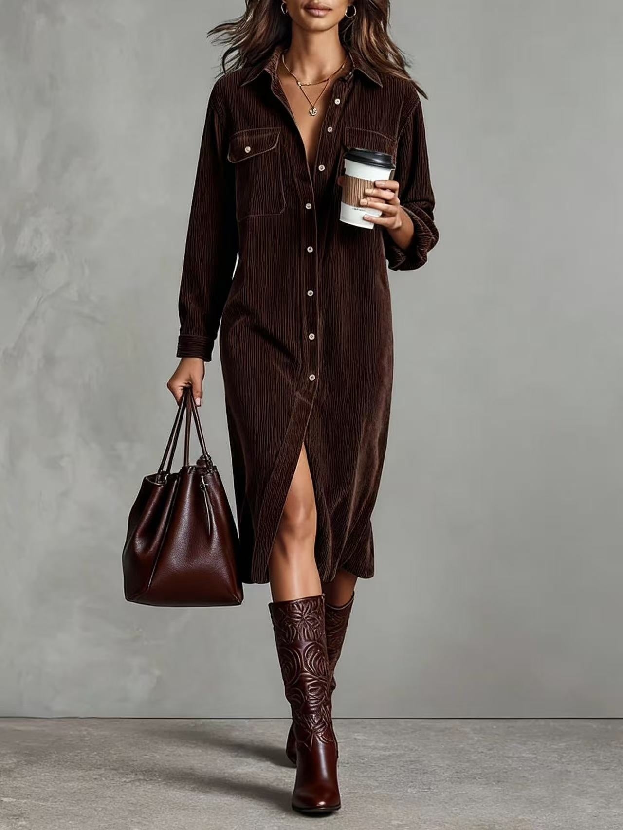 Turn-Down Collar Buttons Chic Casual Dress, Spring Solid Simple Party Dress, Long Sleeve Holiday Ladies Dress