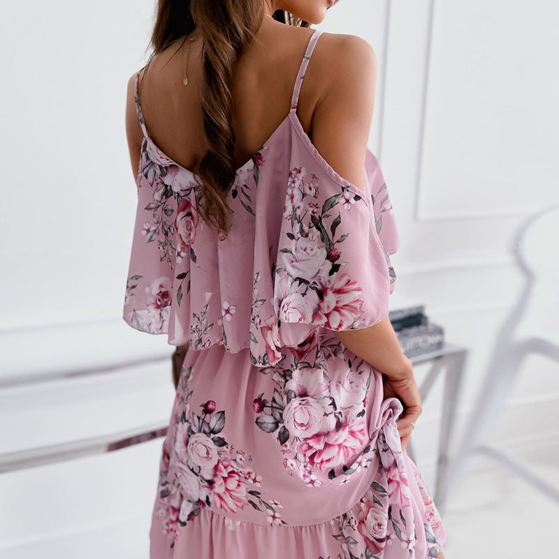 Flower Printed Ruffled Suspender Dress â€?Off-the-Shoulder Strap Dress