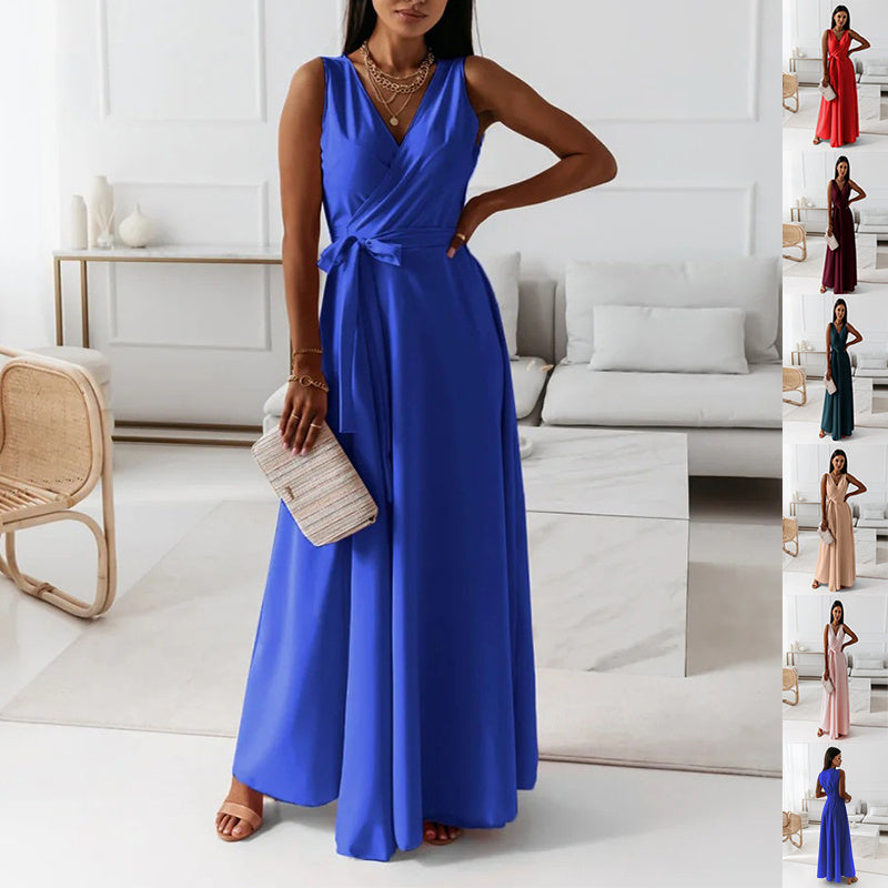 V-neck Sleeveless Dress With Belt Party Club Evening Maxi Dresses For Clothing