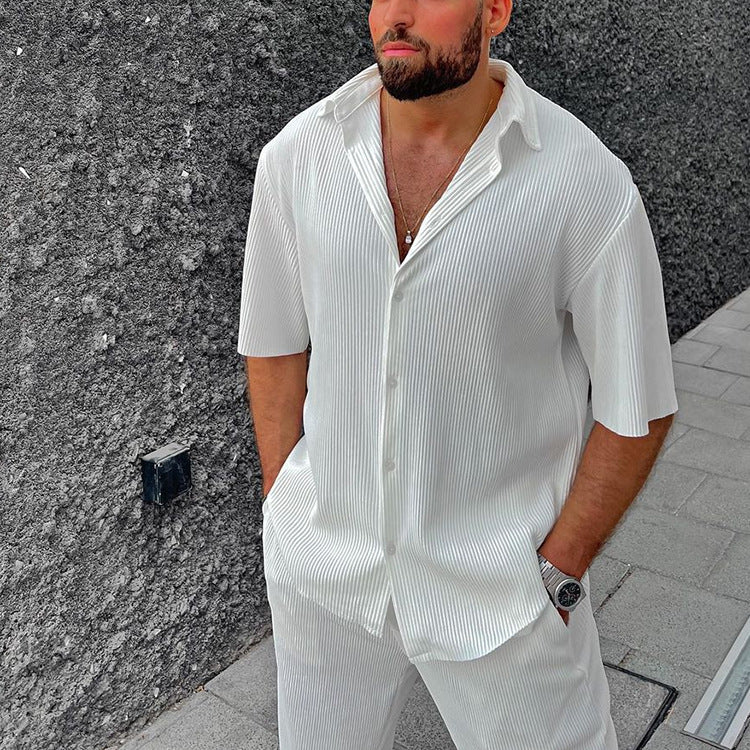 Leisure Loose Beachwear Solid Color Striped Short Sleeve Suit Southeast Asian Men's Shirt Two-piece Set