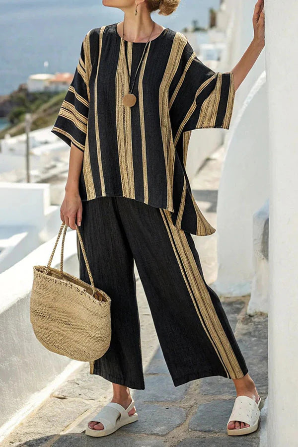 Striped Suits Loose Batwing Sleeve T-shirt And Solid Straight-leg Pants
