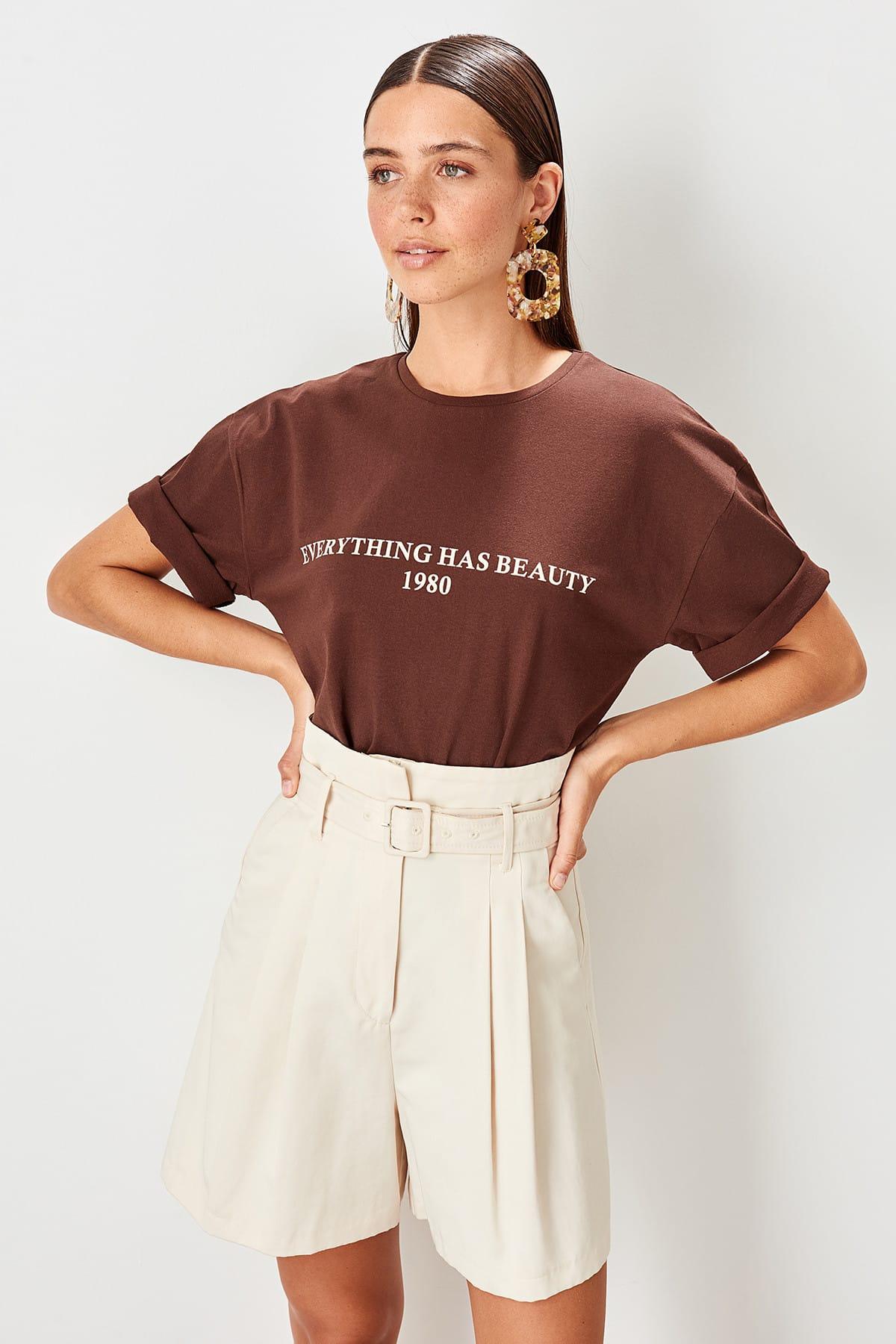 cotton t-shirts brown Printed top