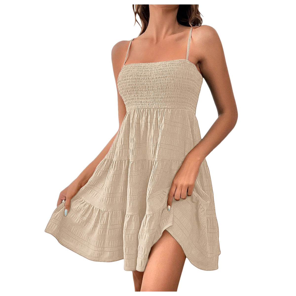 Spaghetti Strap Sleeveless Smocked A-Line Swing Mini Dress, Elegant Casual Dress