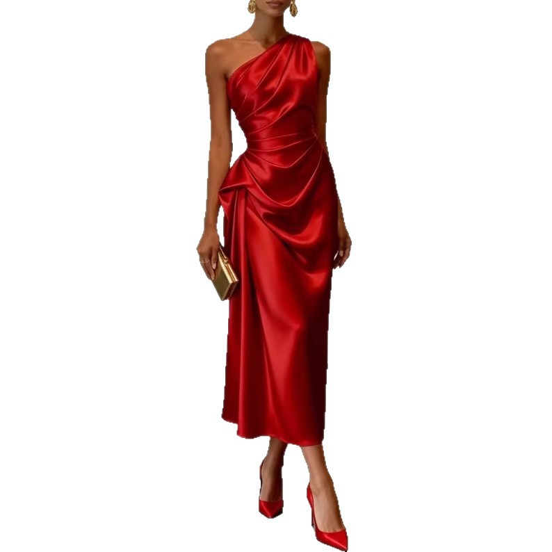 Womens Satin Pleated Waist-cinching Dress
