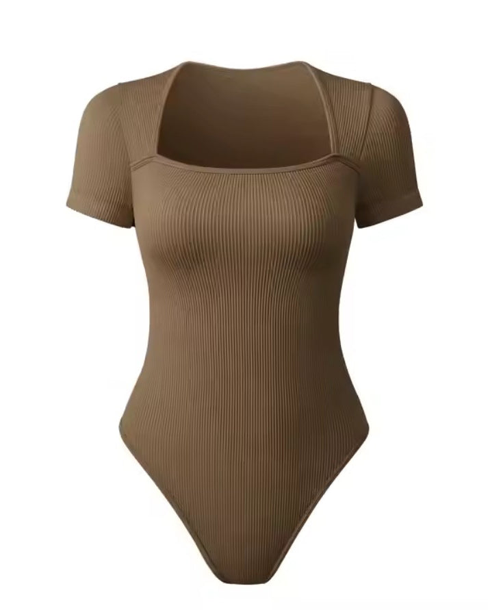 Square Neck Short Sleeve Ribbed Thong Bodysuit