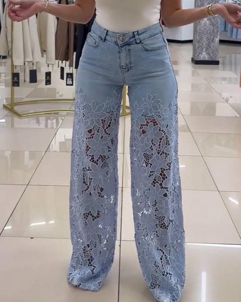 New See Through Lace Slim Straight Leg Jeans