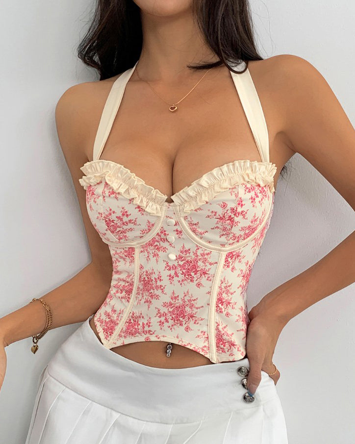 Print Halter Neck Tie Back Corset Top