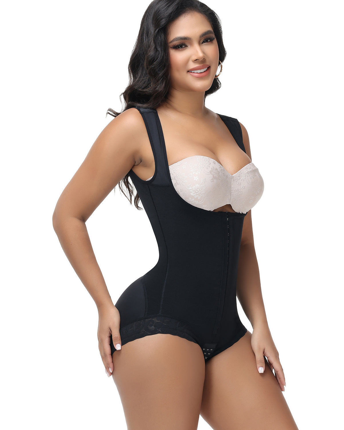 Short One-Piece Eye N Hook Shapewear With Wide Straps Tummy Control Fajas Butt-Lifting Slimming Bodysuit