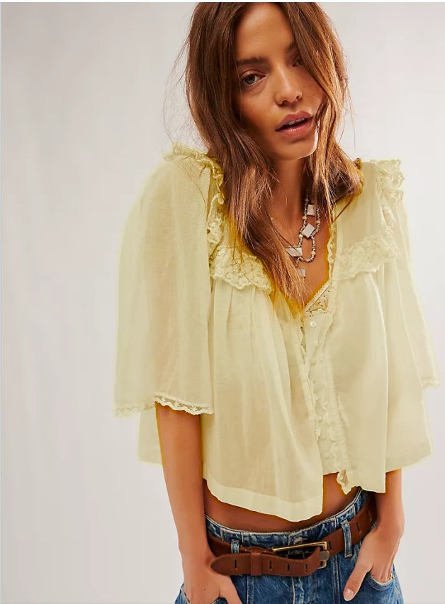 Lace-trimmed Collar Loose-fitting Pleated Top For Women
