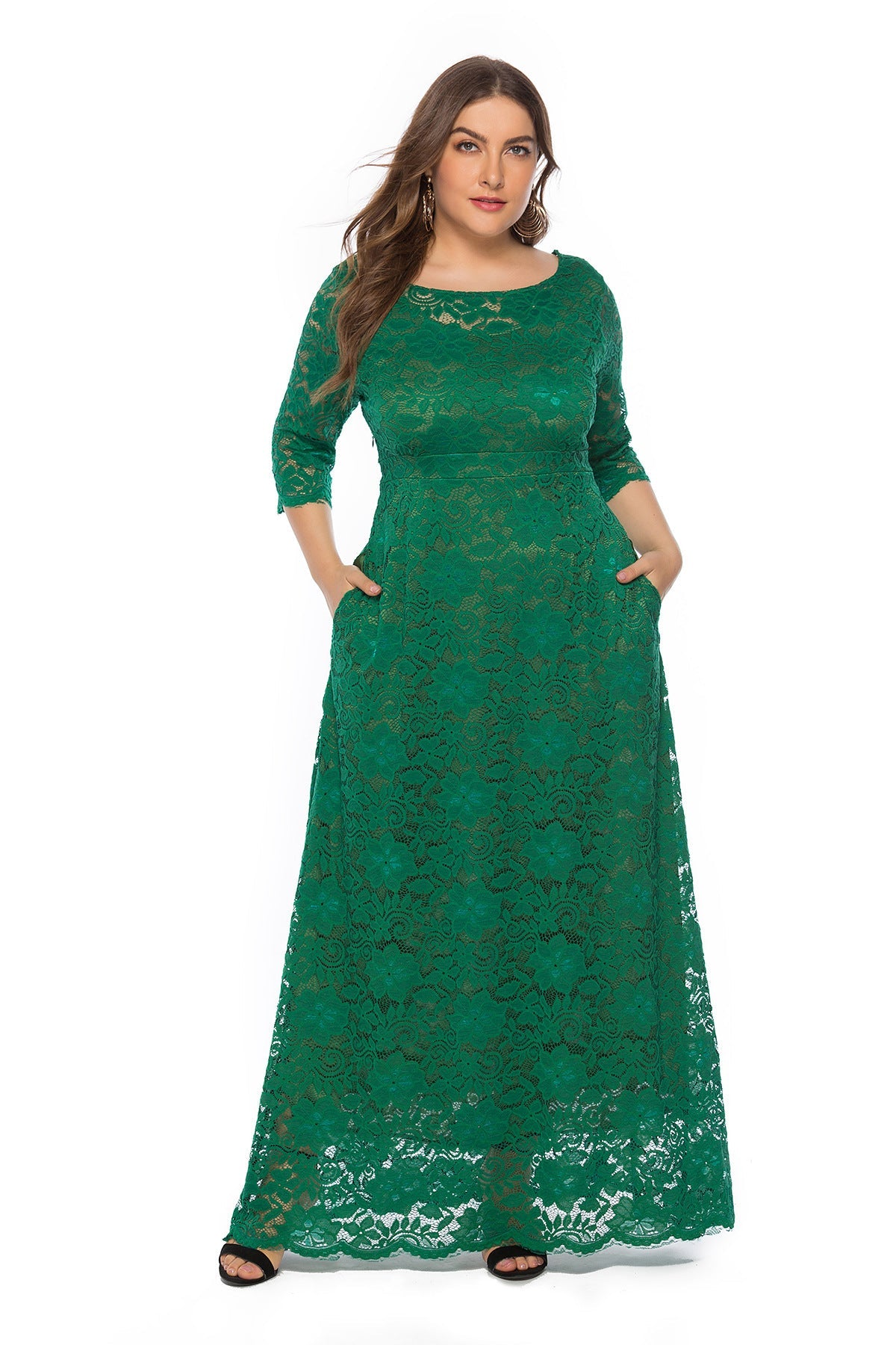 Plus Size Hollow Lace Pocket Dress