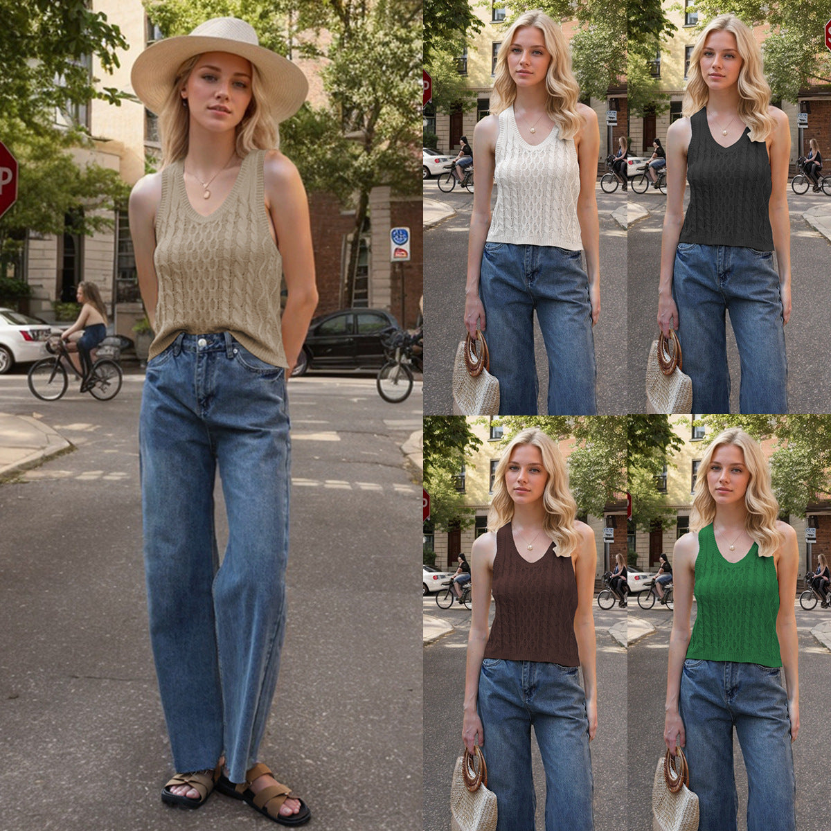 V-neck Tank Vest Casual Knitted Solid Color Tops