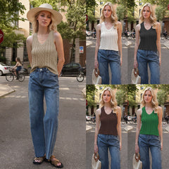 V-neck Tank Vest Casual Knitted Solid Color Tops