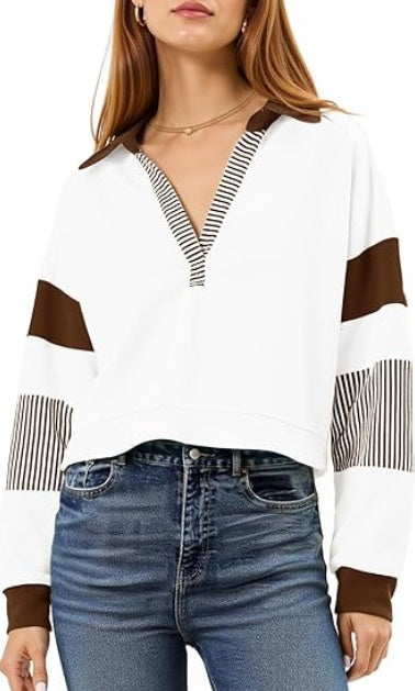 Fisoew Long Sleeve Crop Tops Polo V Neck Color Block Casual Loose Pullover Cropped Sweatshirt