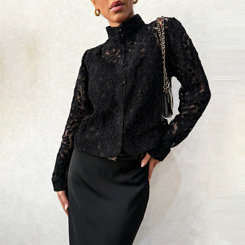 Lace Blouse For Cardigan-style Top With A Stand-up Collar