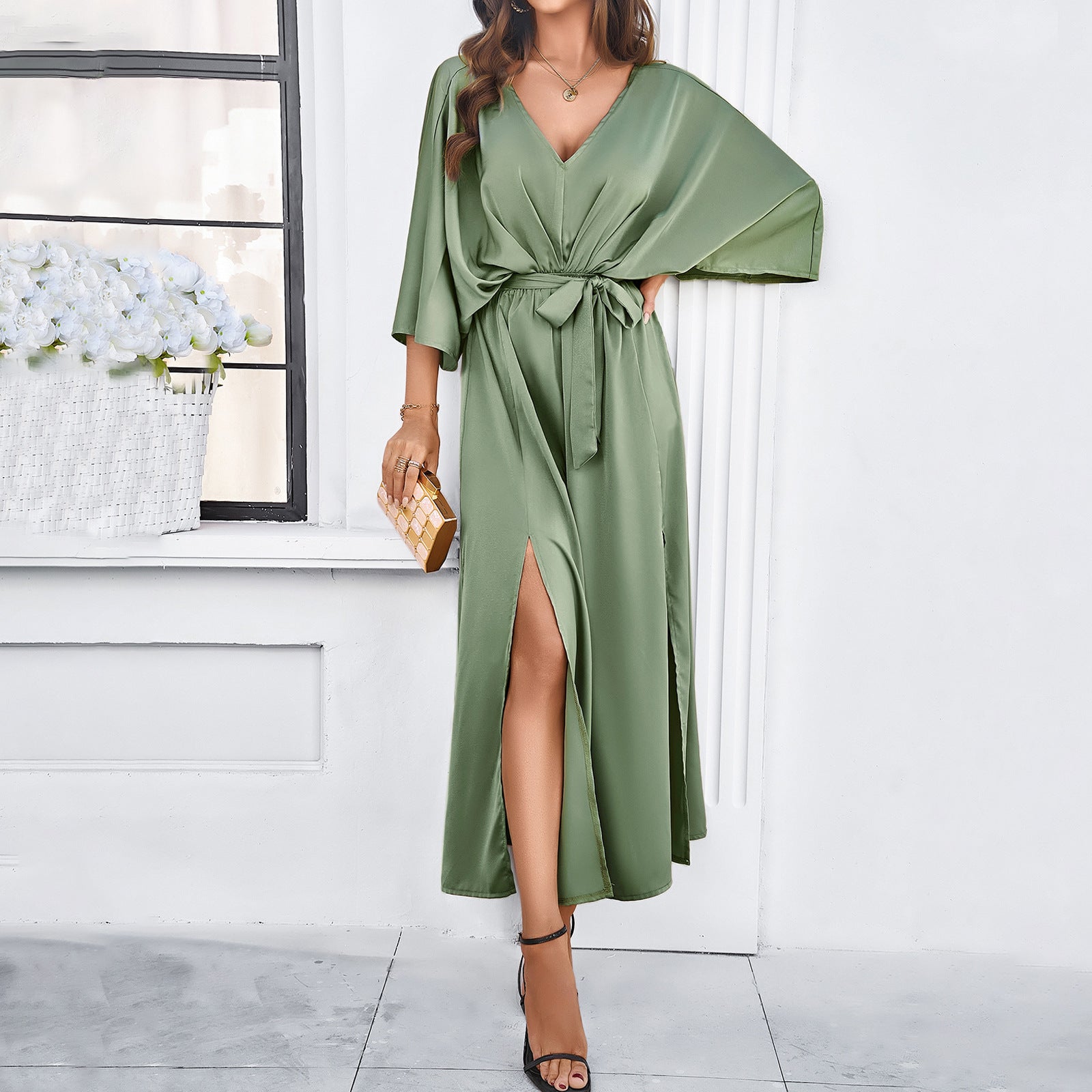 V-Neck Bat Sleeve Long Dress â€?Split Design, High Waist, Lace-Up Elegant Fit