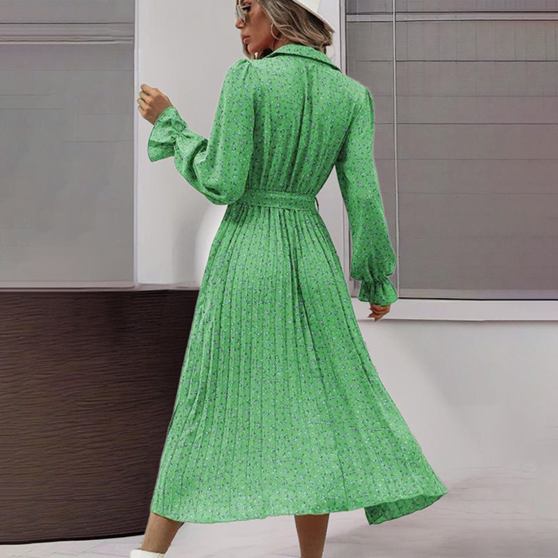 Long Sleeve V Neck Button Down Belted A-Line Flowy Midi Shirt Dress