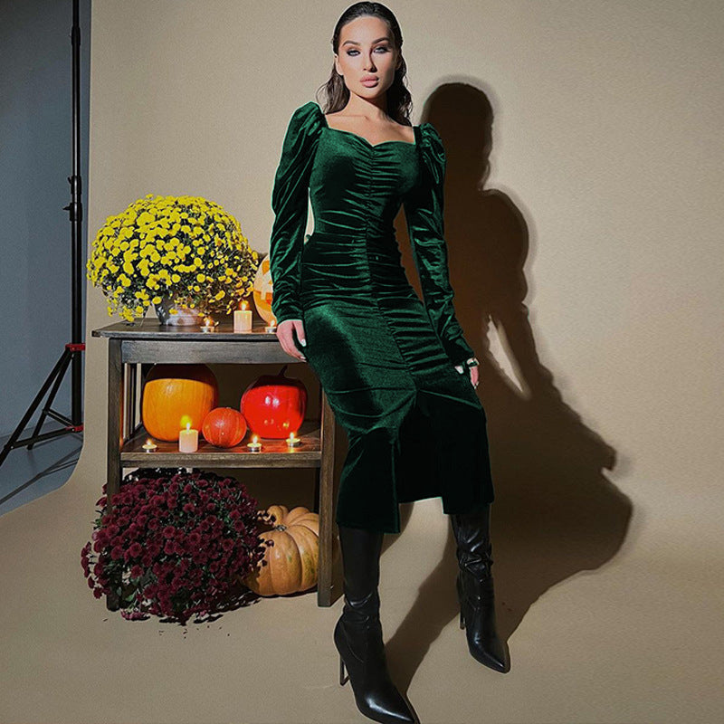 Pleated Slim Fit Slit Long-sleeved Dress
