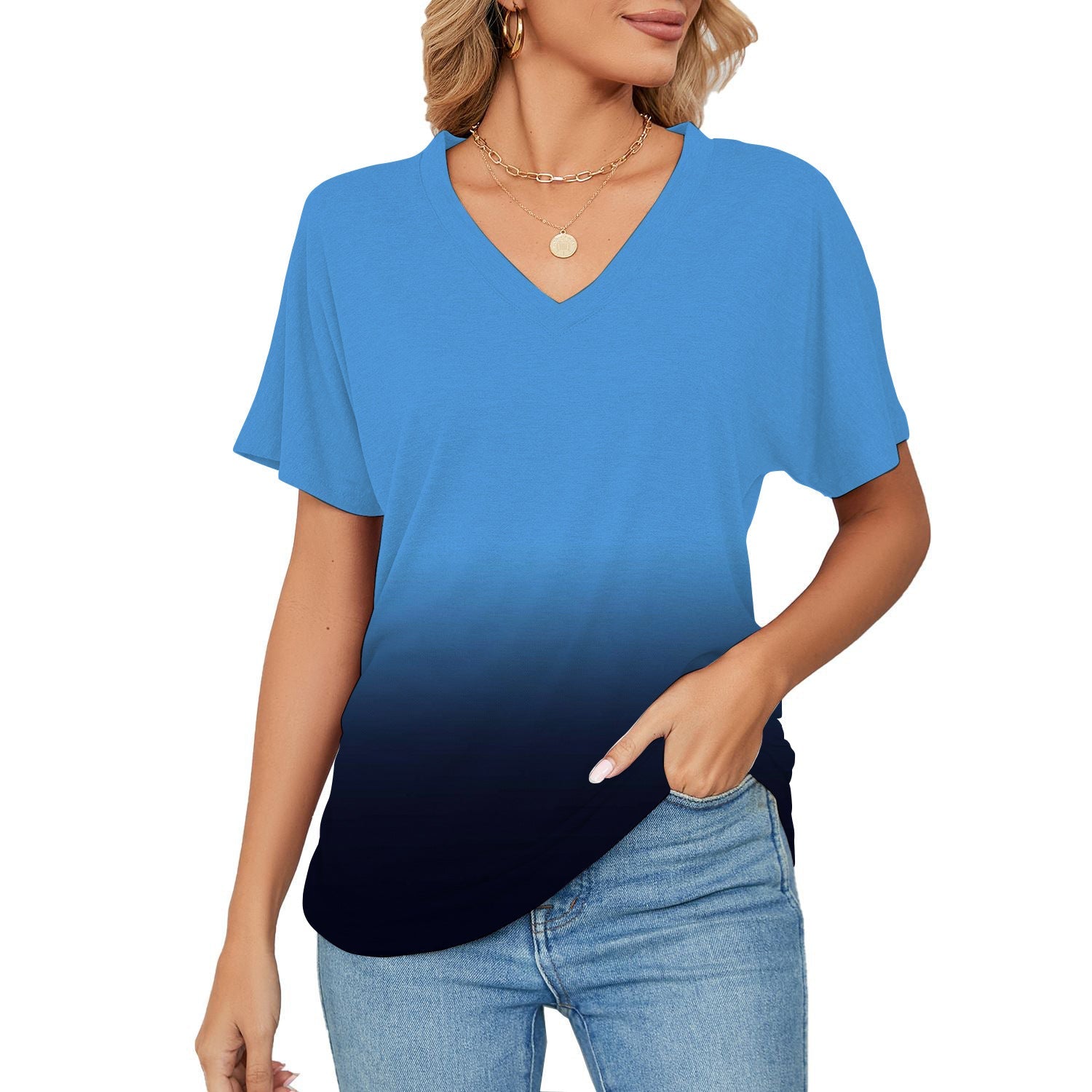 T-shirt, Natural Plant And Floral Print, Casual V-neck Short Sleeves
