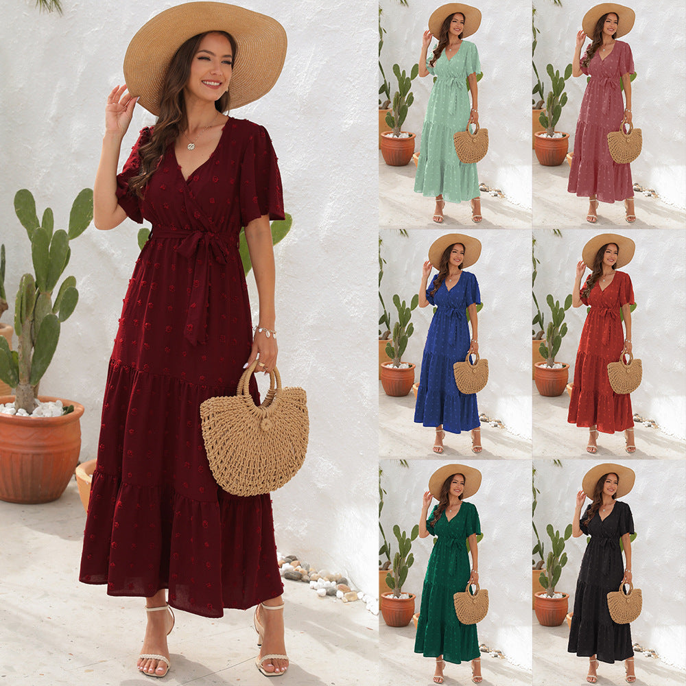 V-neck Short Sleeve Dress Fur-ball Design Tied High Waist Long Long Dresses