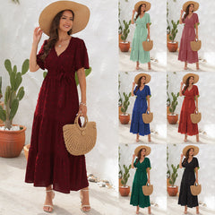V-neck Short Sleeve Dress Fur-ball Design Tied High Waist Long Long Dresses