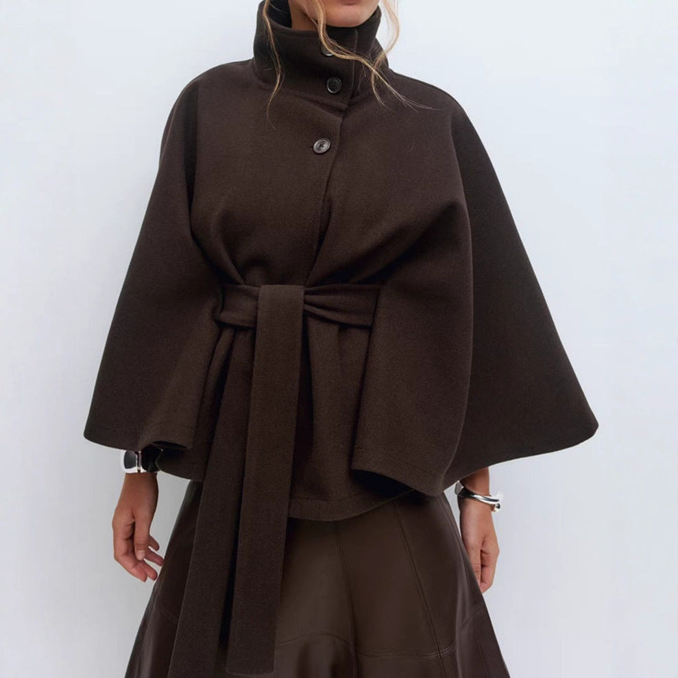 High Neck Batwing Sleeve Coat With Belt Loose Elegant Button Top Trench Coat For Clothing