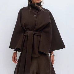 High Neck Batwing Sleeve Coat With Belt Loose Elegant Button Top Trench Coat For Clothing