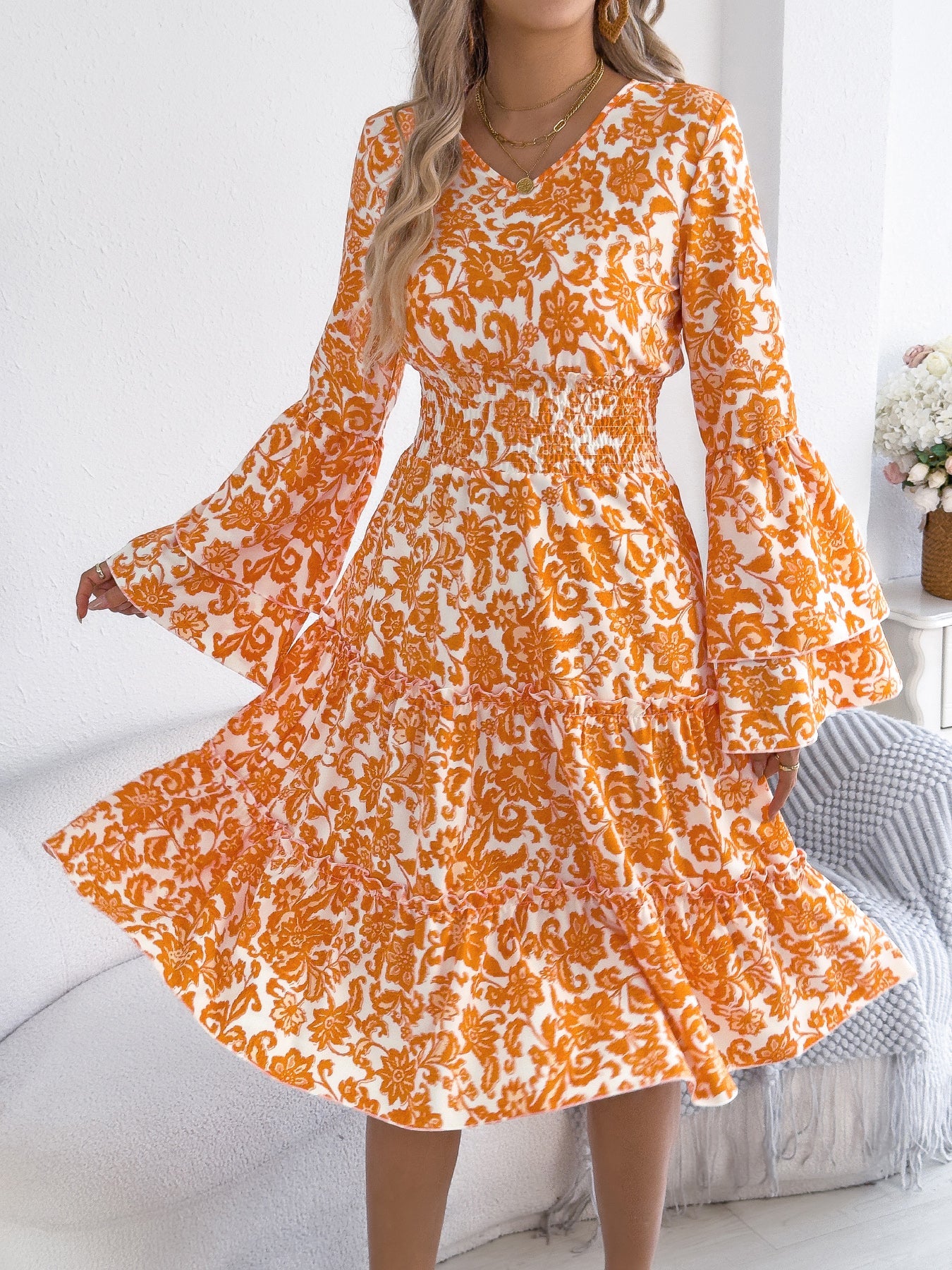 Vintage Bell Sleeve Ruffle Trim Tie Waist A-Line Dress
