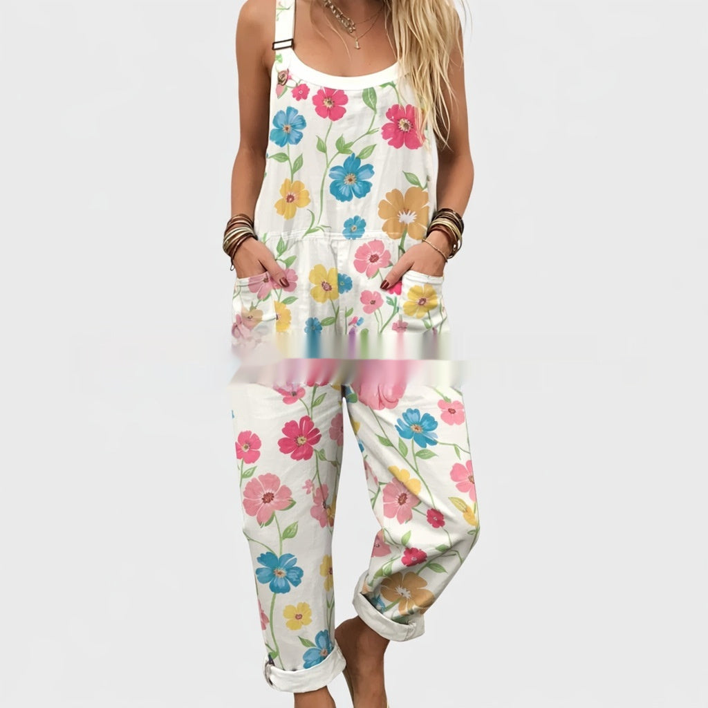3D Printed Buttoned Strap Casual Jumpsuit