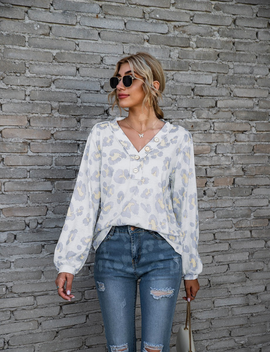 Leopard Print V-neck T-shirt Loose Long Sleeve Tops For Clothing