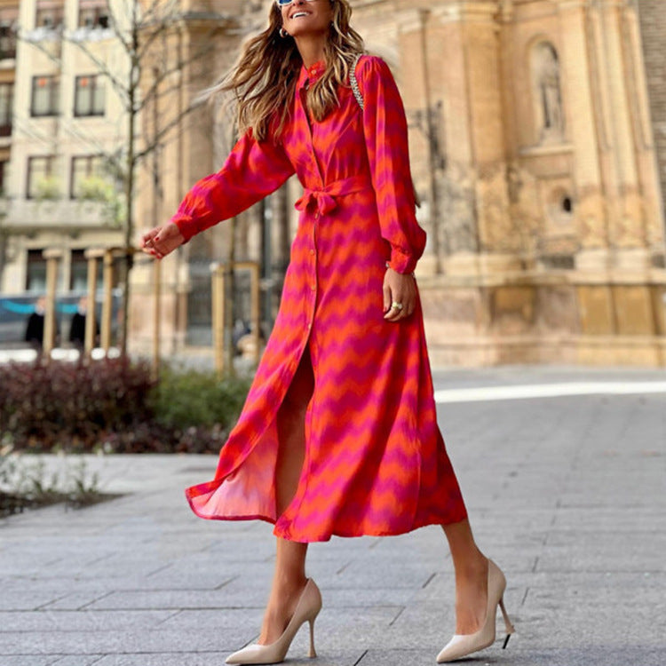 Printed Lace-Up Contrast Boho Slit Dress