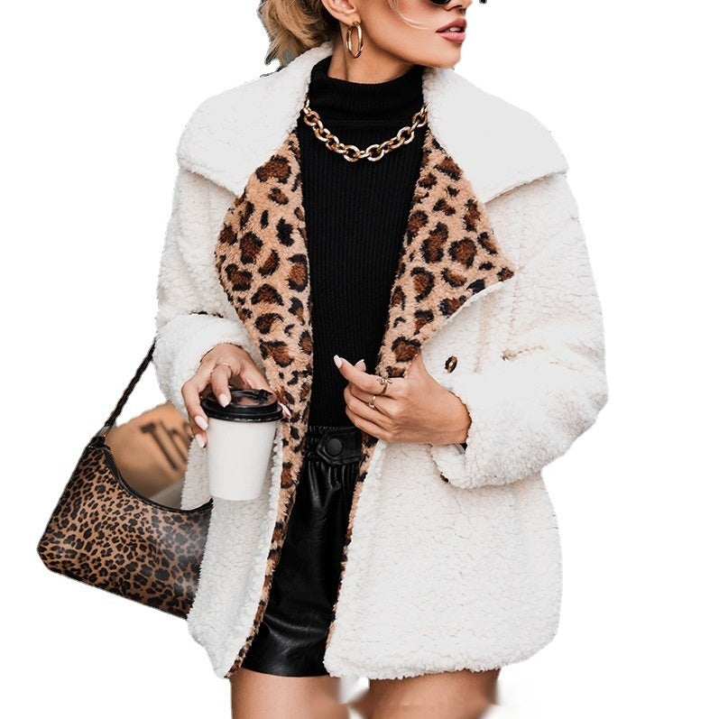Clothing Leopard Splicing Plush Long Sleeve Coat