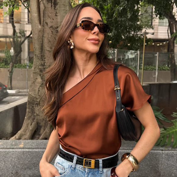 Irregular Collar Matte Color Tops Women