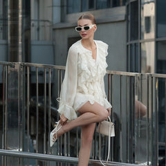 Ruffled Tied Dress V-neck Long Sleeve A- Line Dress