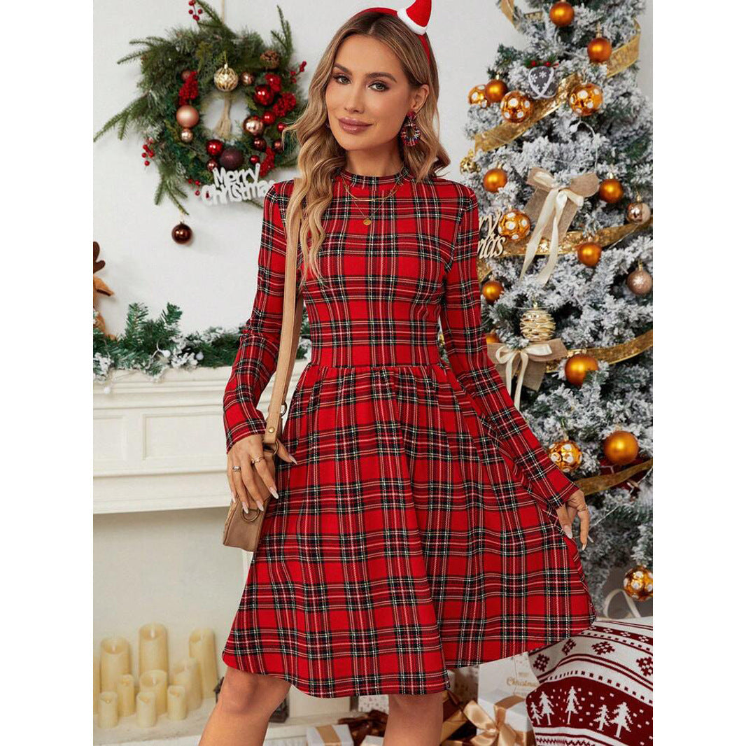 High Collar Long Sleeve Dress Christmas Style